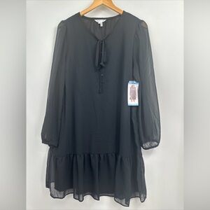 New! DRAPER JAMES Flounce Shift Dress Sz Large Tie Neck Black NWT